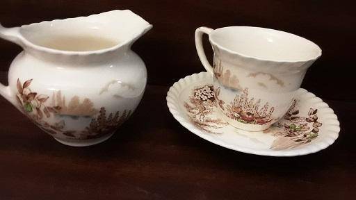 Johnson Bros England Castle on the Lake Four  Piece sugar , milk pots and small cup , saucer