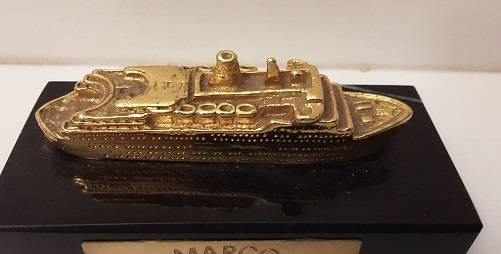 Marco Polo World Cruises Boat on Black Marble Stand  7.5 cm x 3.5 cm x 4 cm