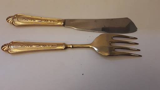 Cutlery  : Gold Plated Fork and Knife Serving Set 23 cm