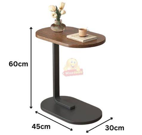 Wooden oval coffee table with a sleek C-shape metal frame