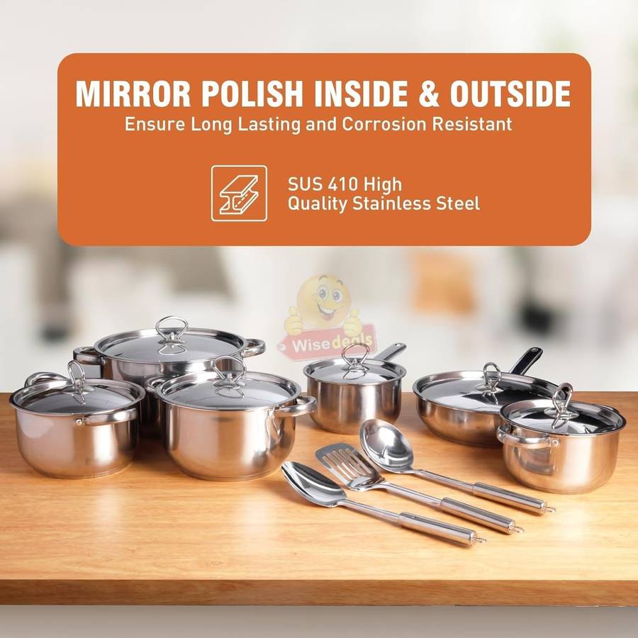 15 Piece Stainless Steel Mirror Polished Cookware set