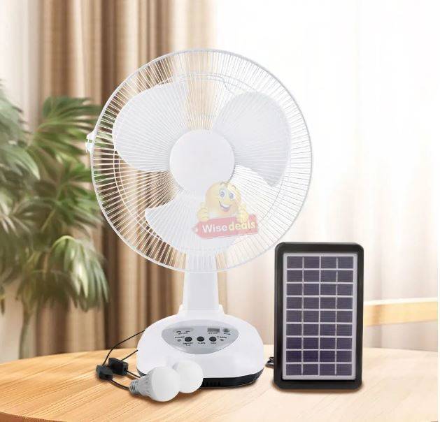 12-inch Rechargeable SOLAR or AC/DC Fan With 2 LED Lights