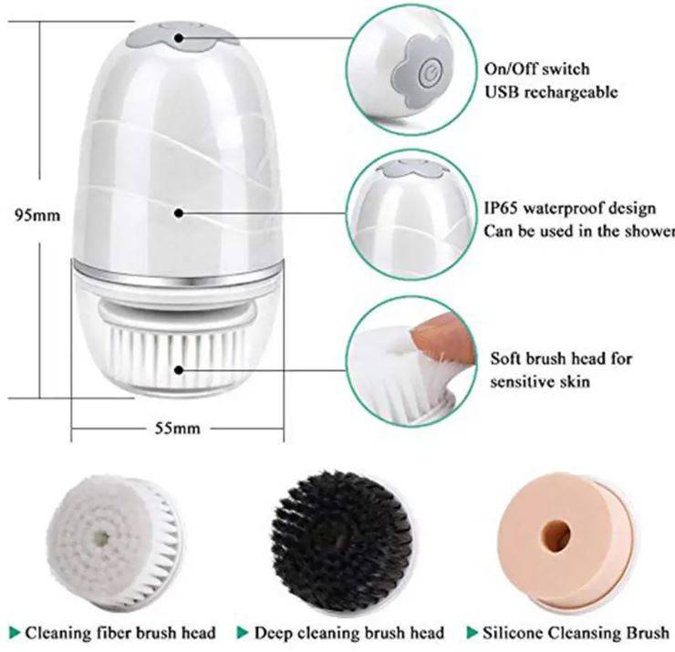 360° Rotary Soft Facial Cleansing Brush With 2 Modes and 3 Brush Heads