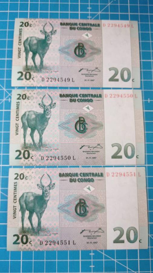 Congo 3 x 20 cent notes in sequence