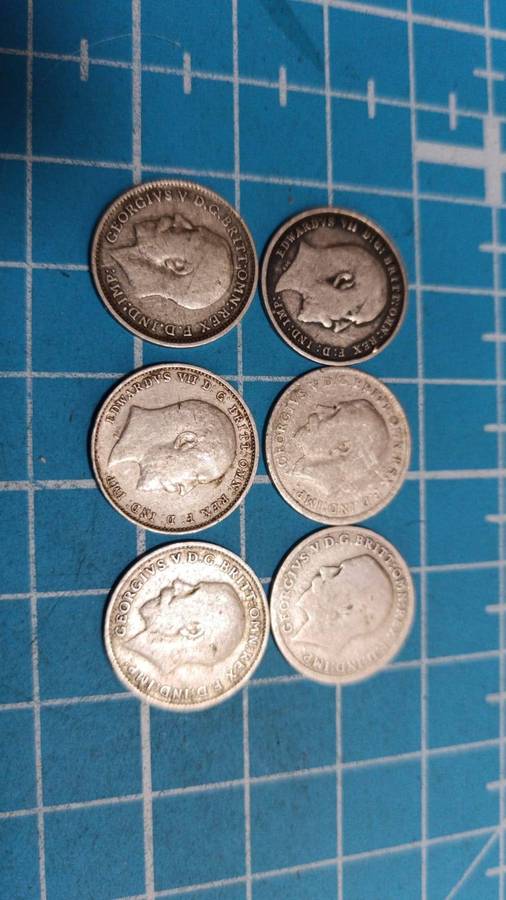 6 x UK silver 3 pence coins