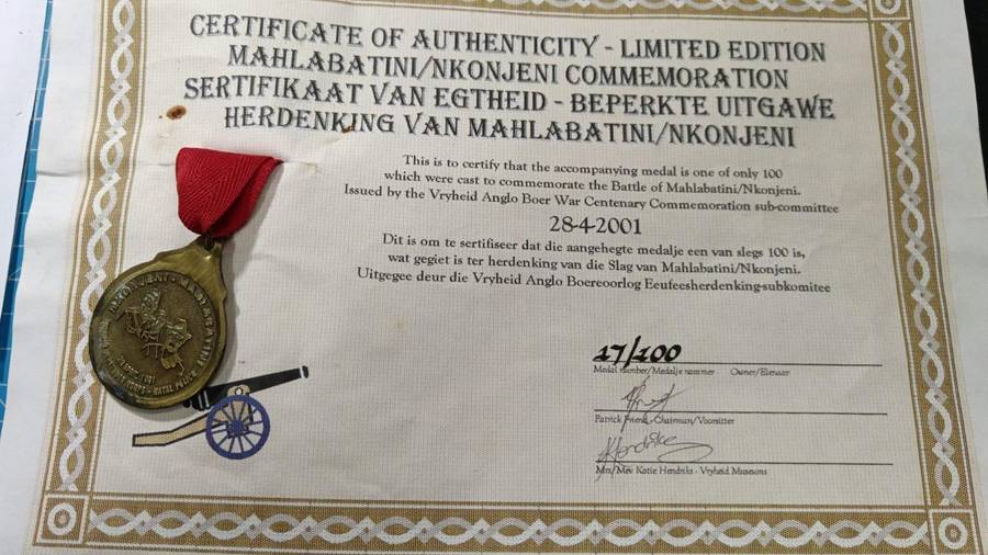 Anglo Boer War Commemorative Medal with Certificate - Number 17/100