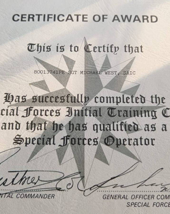 Special Forces Super Soldier - Mike West ( SAS and Recce ) Operators Badge with Certificate