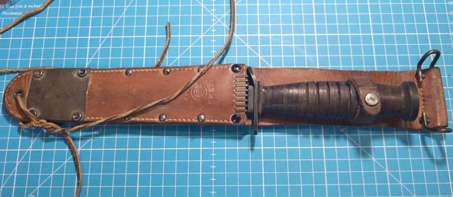 U.S. WWII Cross-Guard Marked M3 Fighting Knife by Camillus with 1943 Dated M6 Scabbard by Barwood