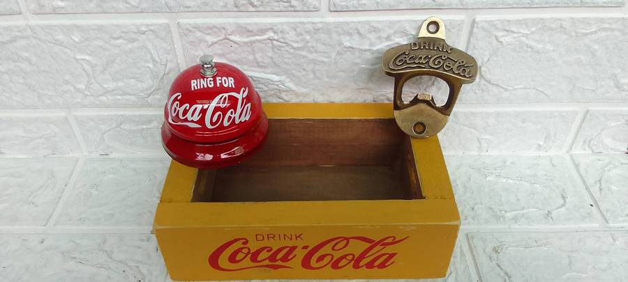 coca cola bundle, bell..crate and brass opener
