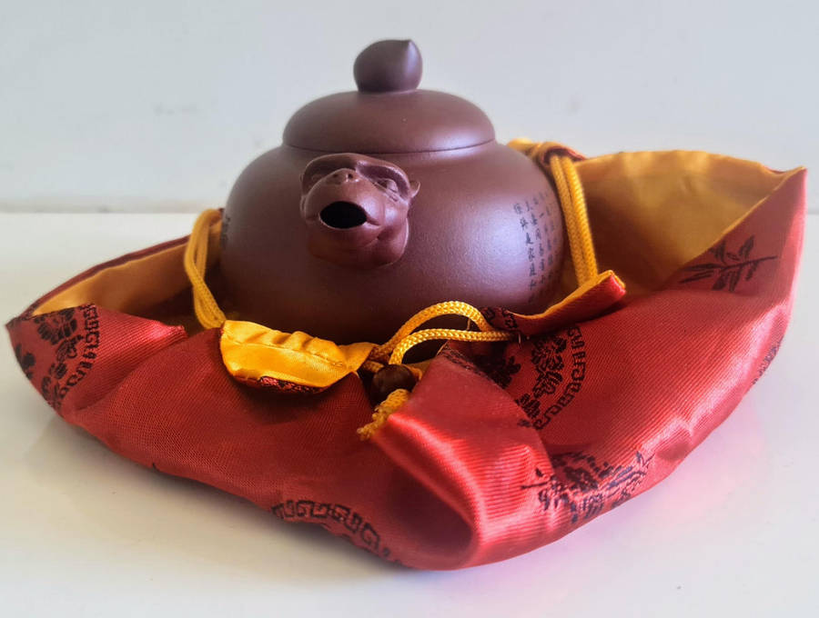 Yixing Purple Clay Zisha Teapot - Hand-painted Scripture & Dragon head spout