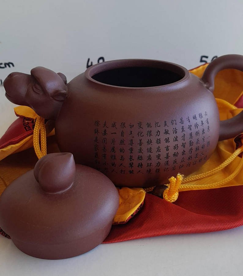 Yixing Purple Clay Zisha Teapot - Hand-painted Scripture & Dragon head spout