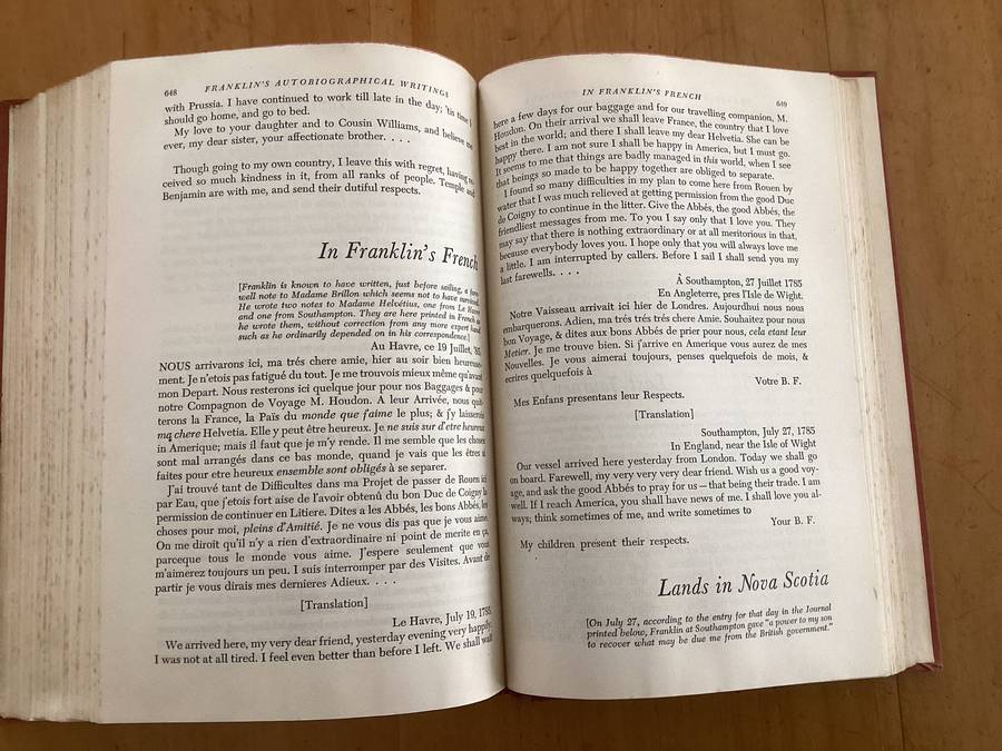 BENJAMIN FRANKLINS Autobiographical Writings, selected by Carl Van Doren. (1946).
