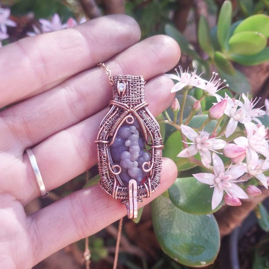 Cubic Zirconia & Grape Agate in Copper Pendant Twisted & Stoned