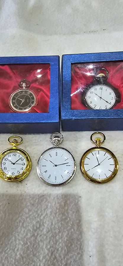 SET OF FIVE QUARTZ POCKETWATCHES-SEE DESCRIPTION(UNUSED)