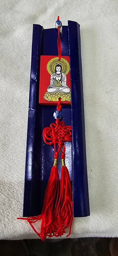DECORATIVE CAR HANGING WOODEN BUDDAH WITH PORCELAIN BLUE BEADS AND TASSLES