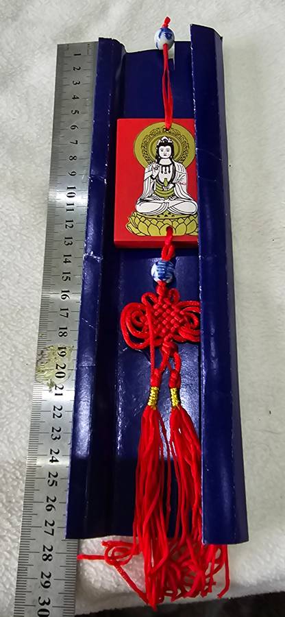 DECORATIVE CAR HANGING WOODEN BUDDAH WITH PORCELAIN BLUE BEADS AND TASSLES