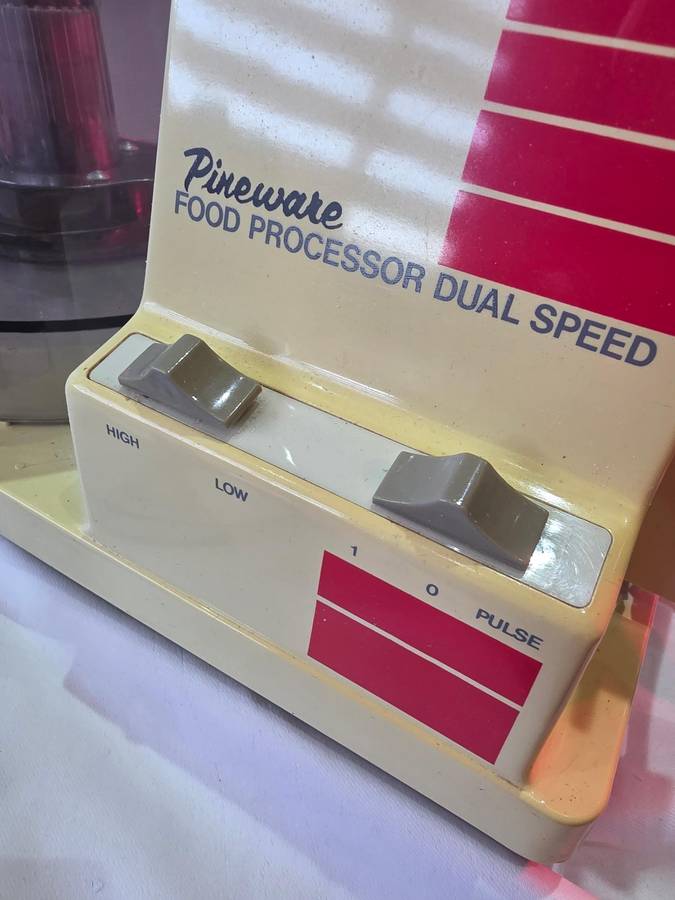 VINTAGE PINEWARE FOOD PROCESSOR WITH ALL ATTACHMENTS