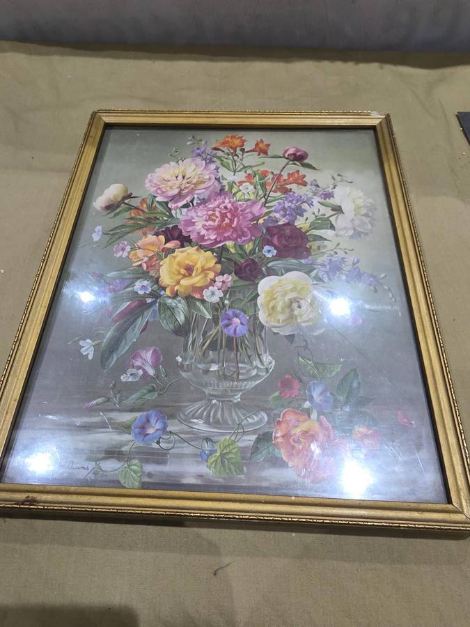 VINTAGE FRAMED FLORAL ART PRINT SUGNED ALBERT WILLIAMS