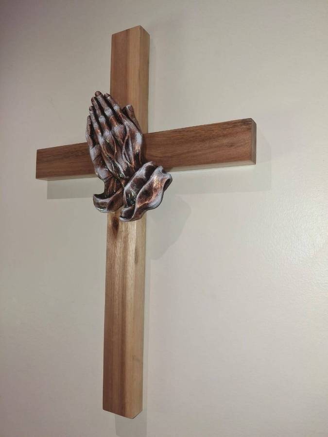 Wooden Cross with Praying Hands