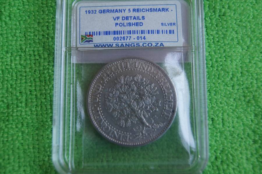 1932 Germany Silver 5 Reichs Mark - SANGS VF Details