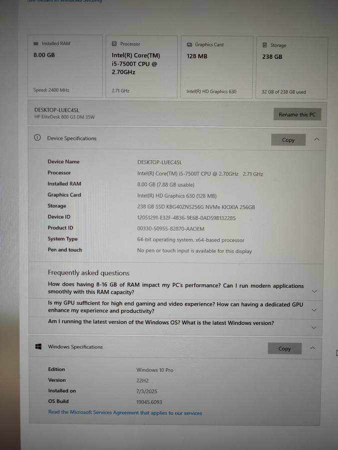 HP Elite Desk 800 G3 Mini | i5 | 8GB RAM | 256 NVMe SSD | Like New