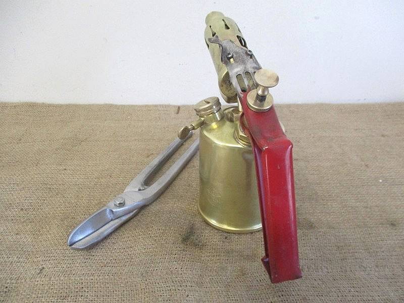 Very Neat Vintage Sweden Made Optimus 411 Blow Torch And Sizable 11 inch Vintage Tin Snips