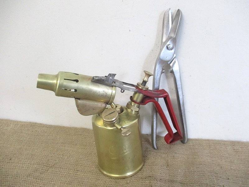 Very Neat Vintage Sweden Made Optimus 411 Blow Torch And Sizable 11 inch Vintage Tin Snips
