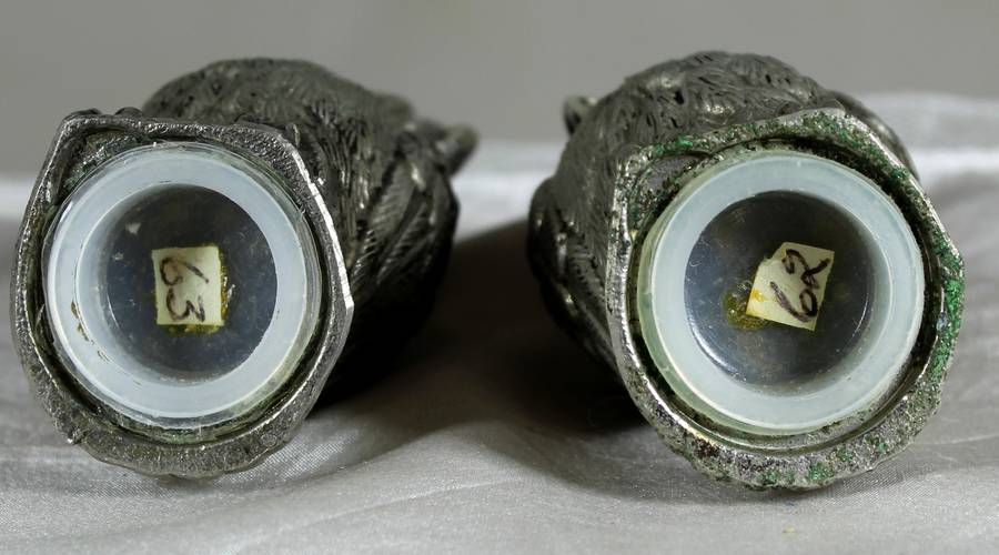 Pair of metal owl salt & pepper shakers