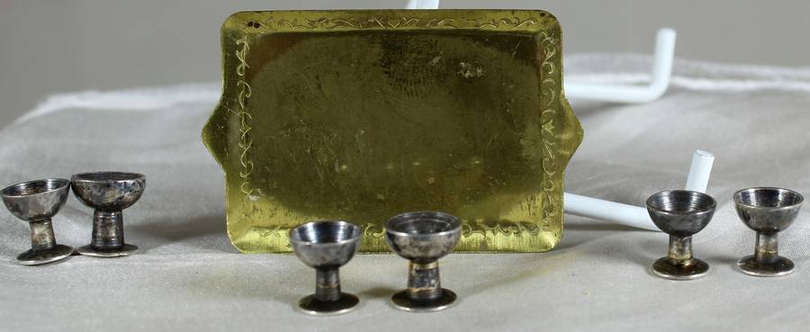 Miniature brass tray with glasses