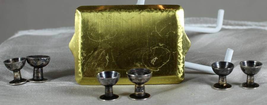 Miniature brass tray with glasses
