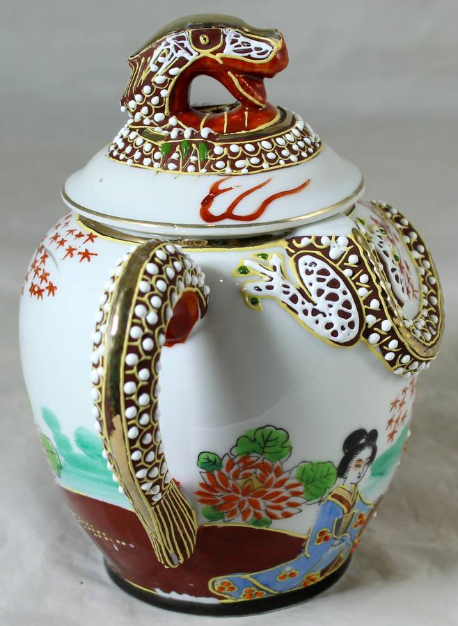 SWS porcelain - two handled lidded pot with embossed dragon