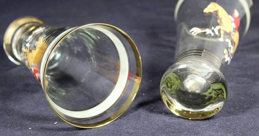 Pair of gold trim tall glasses with hunting scene