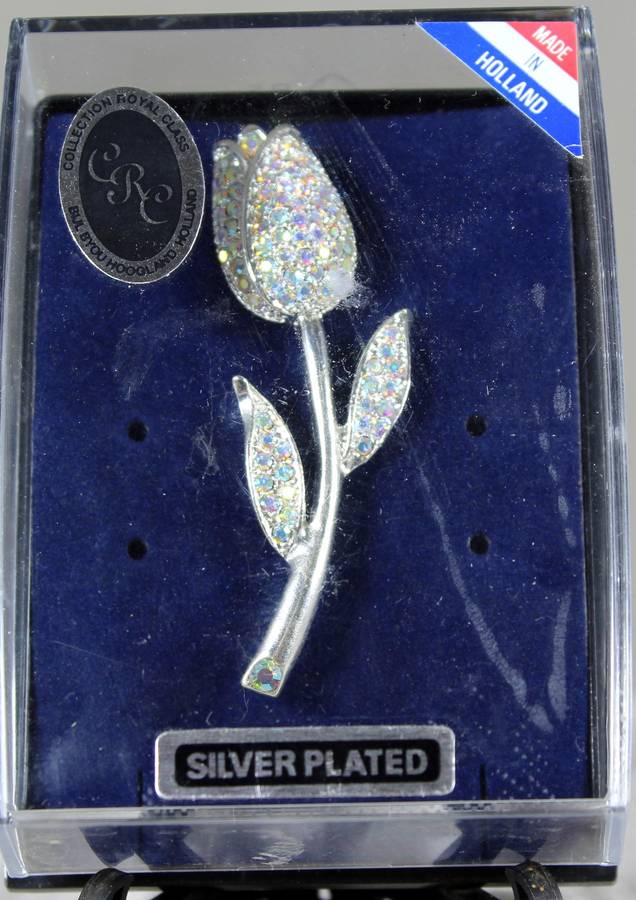 Silver plated diamante tulip brooch