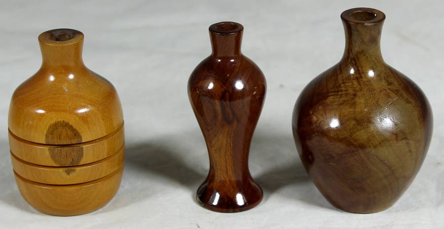 Trio of miniature wooden vases
