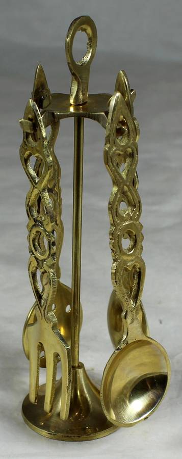 Small brass kitchen utensil set - hanging on stand