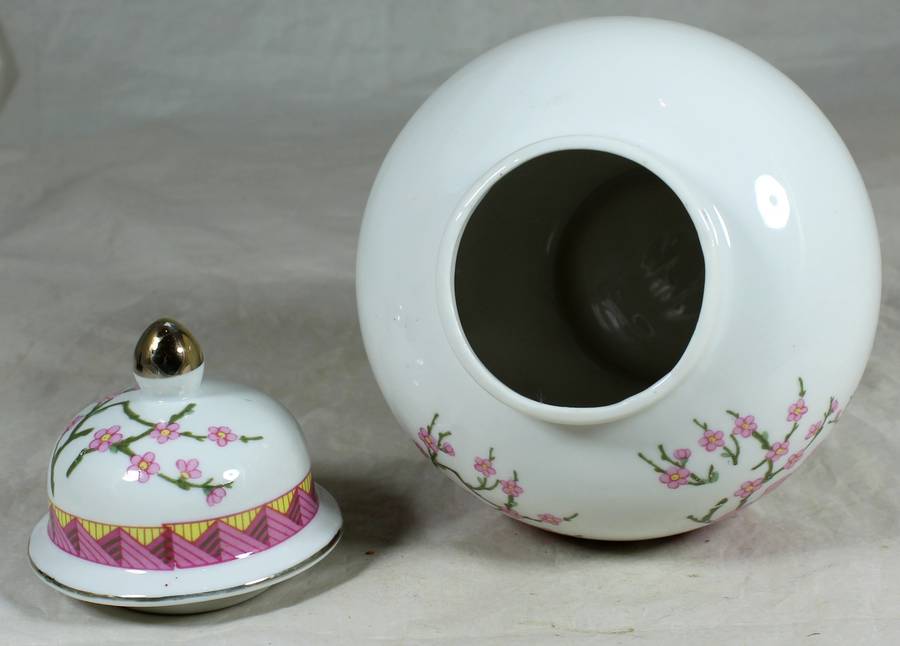 Lidded Urn with pink flowers