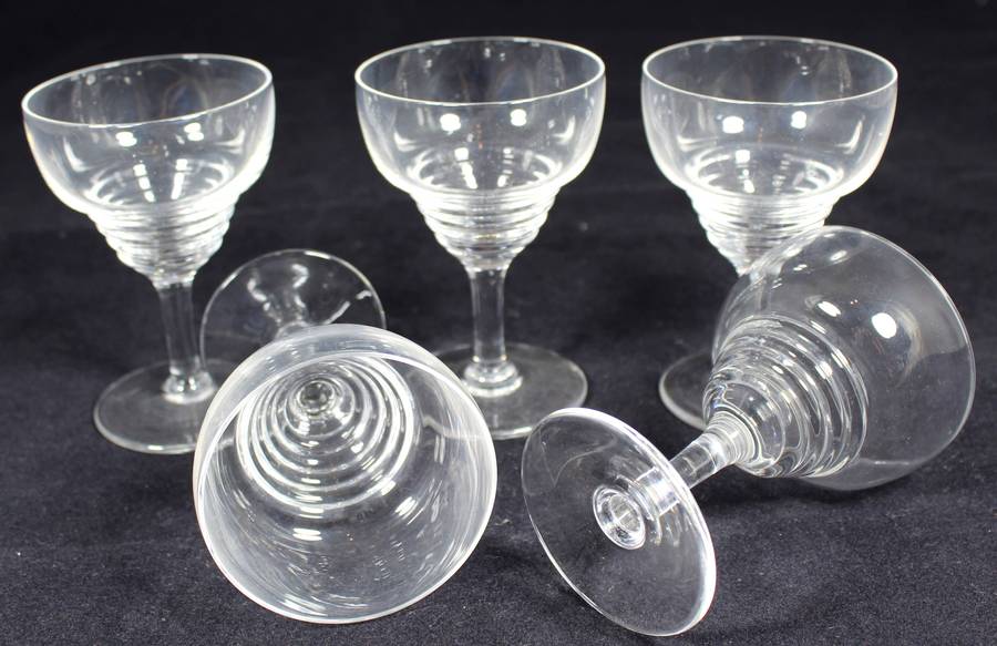 Set of five Stuart crystal ribbed aperitif glasses