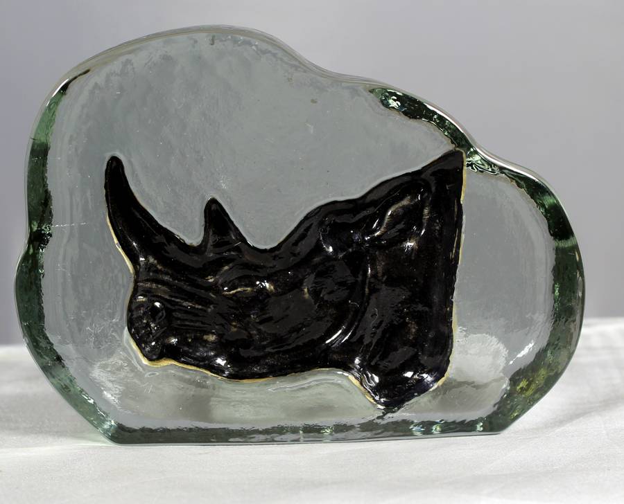 Vintage glass paperweight with rhino head