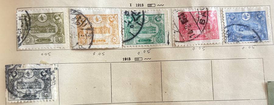 1913 Turkey, selection of 6 stamps on old album page (hinged)