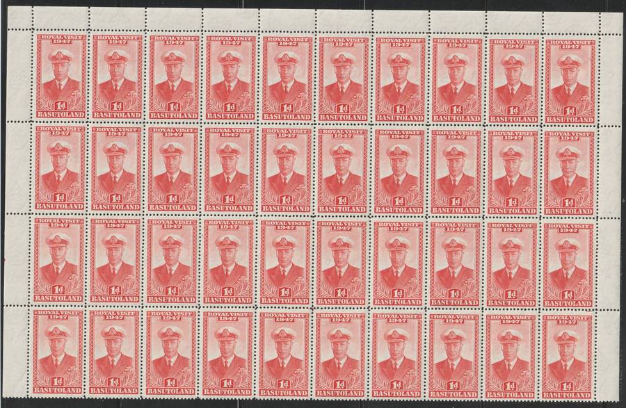 Basutuland 1947 Royal Visit 1d. scarlet. Part of counter sheet 4x 10 stamps **