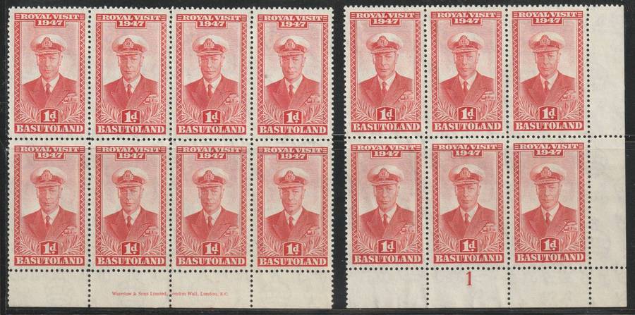 Basutuland 1947 Royal Visit 1d. scarlet. Inscripted margin and plate number on blocks of 8 and 6 **