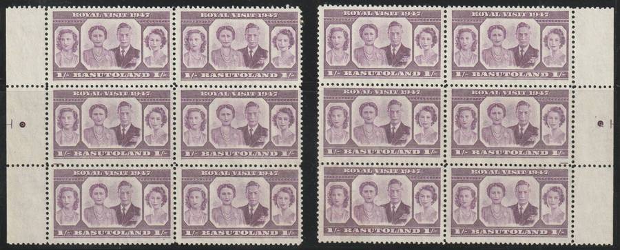 Basutuland 1947 Royal Visit 1s. mauve. Marginal blocks with printing gauge spots. **