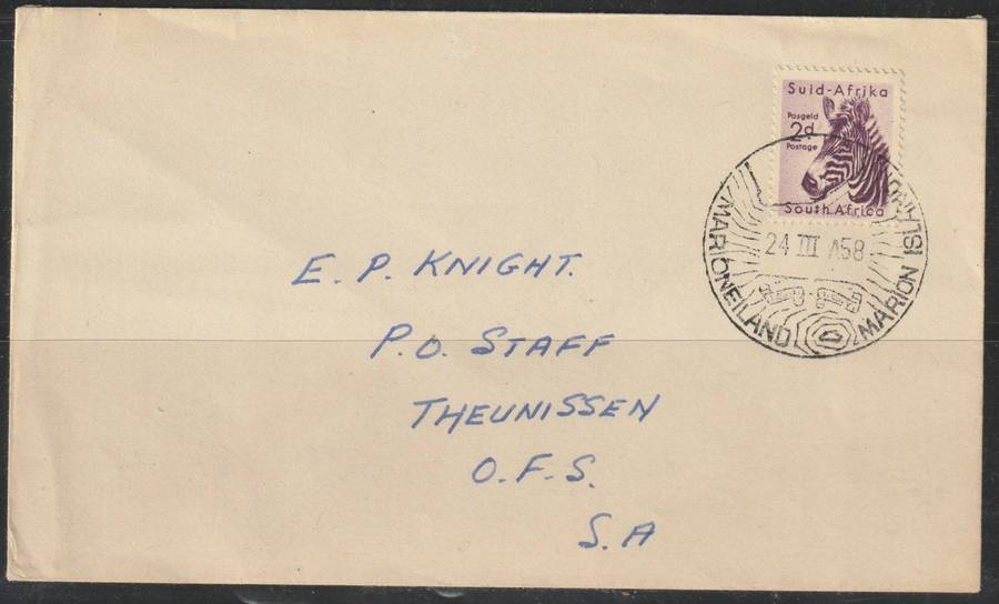 South Africa 1958 cover with special cancellation depicting Marion Island on 2d Mountain Zebra