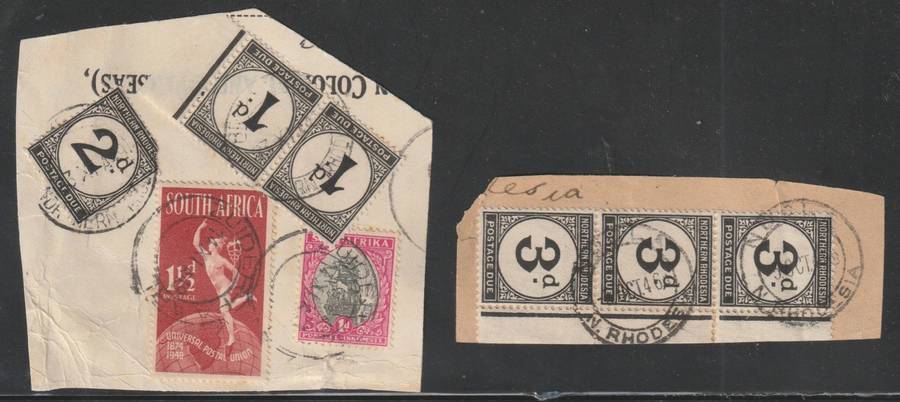 Northern Rodesia Postage Dues 1929-1952 1d (pair), 2d, and 3d (multiple) used on piece.