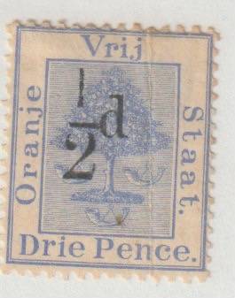 Orange Free State 1896 ½d ovp on 3d ultramarine. Type e Cat# SACC: 42, * hinged