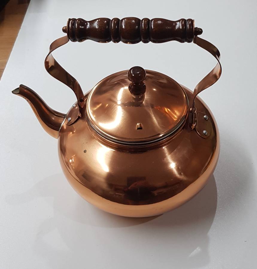 Vintage Metal Copper plated Kettle with handle, spout and lid.