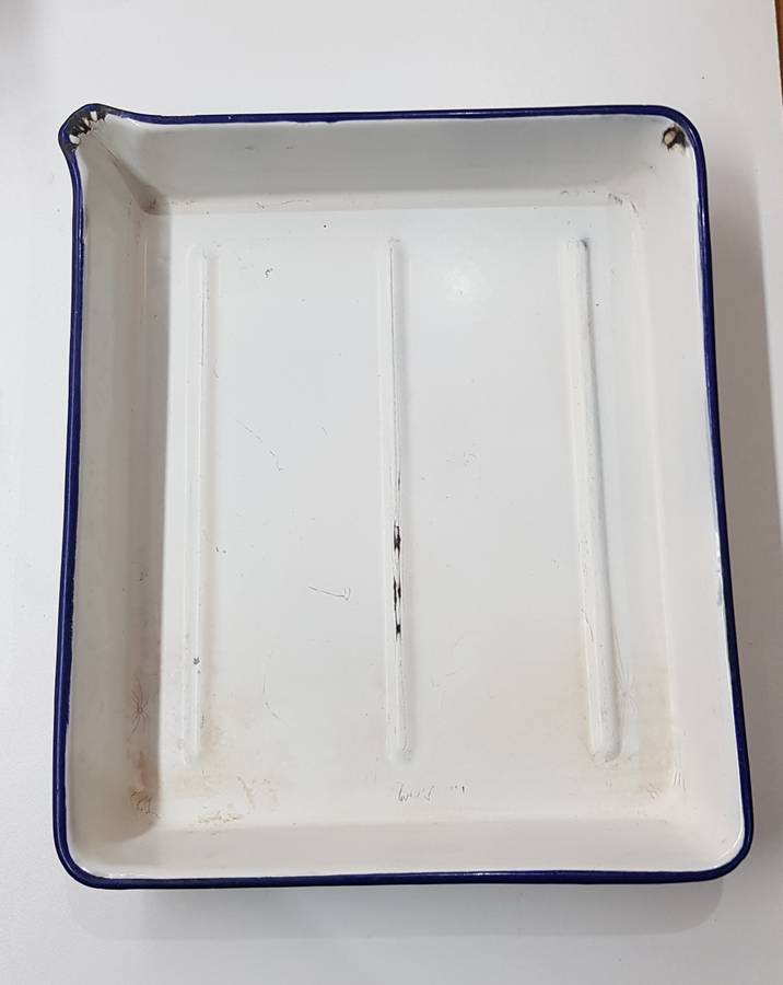 Vintage Enamel White with Blue trim Tray with lip for Photography.
