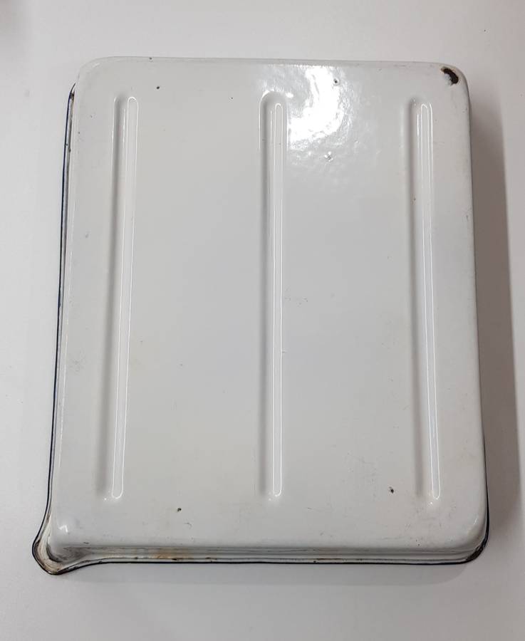Vintage Enamel White with Blue trim Tray with lip for Photography.