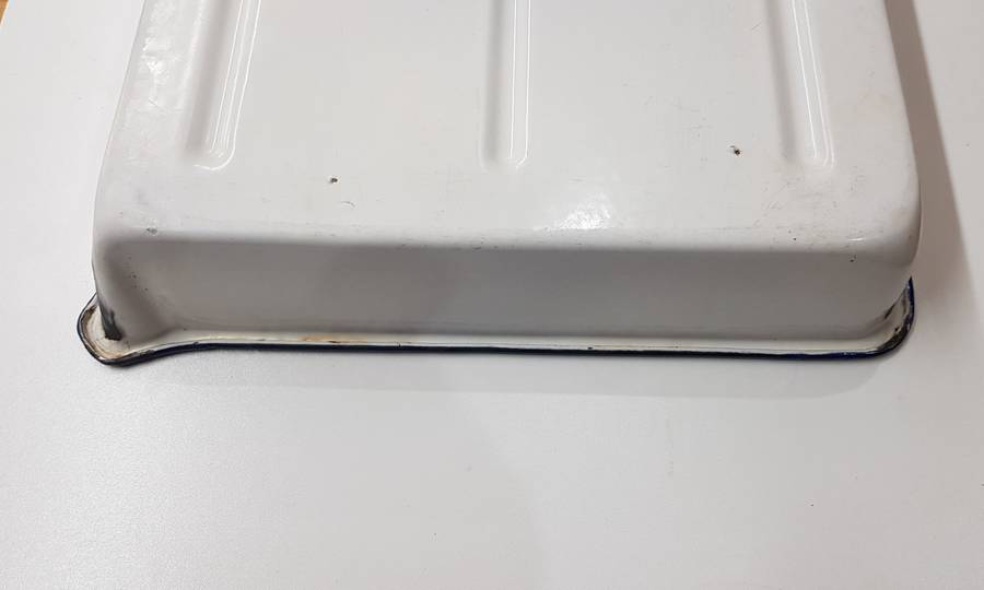 Vintage Enamel White with Blue trim Tray with lip for Photography.