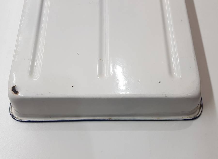 Vintage Enamel White with Blue trim Tray with lip for Photography.